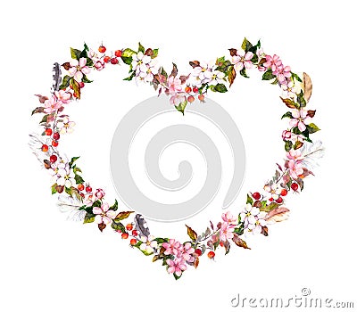 Floral wreath - heart shape. Pink flowers, boho feathers. Watercolor for Valentine day, wedding Stock Photo