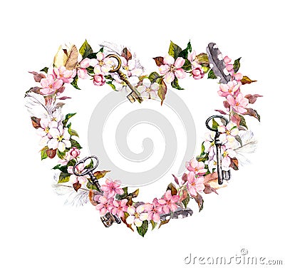 Floral wreath - heart shape. Pink flowers, feathers, keys. Watercolor for Valentine day, wedding Stock Photo