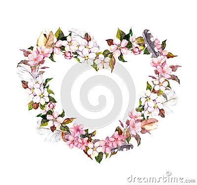 Floral wreath - heart shape. Pink flowers and feathers. Watercolor for Valentine day, wedding in vintage boho style Stock Photo