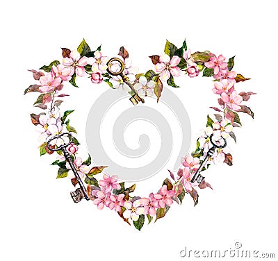 Floral wreath - heart shape. Pink sakura flowers, keys. Watercolor for Valentine day, wedding Stock Photo