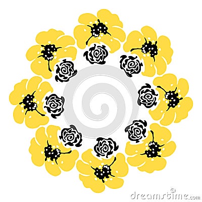 Floral wreath. Illuminating yellow flowers and black wildflowers. Vector illustration Cartoon Illustration