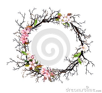 Floral wreath - pink flowers. Watercolor round frame Stock Photo