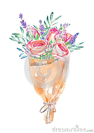 Floral wreath.Pistachio branches,roses and kraft paper bundle Cartoon Illustration