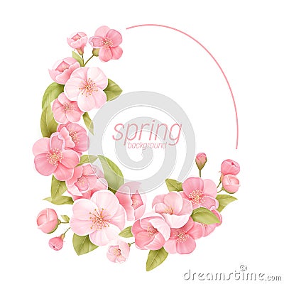 Floral wreath with realistic cherry flowers, exotic sakura blossom. Vector spring banner template illustration Cartoon Illustration