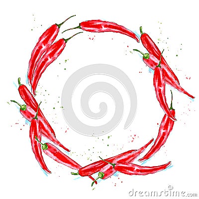 Floral wreath of a red chilli peppers. Garland of a vegetables. . Cartoon Illustration