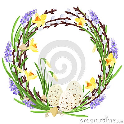 Floral wreath with spring flowers. Botanical illustration. Pastel colors. Vector. Vector Illustration