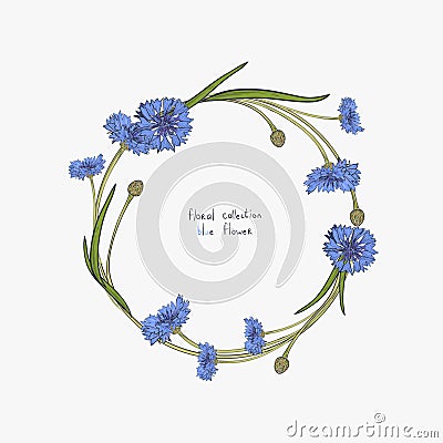 Floral wreath with stylized blue flowers of cornflowers and green leaves Cartoon Illustration