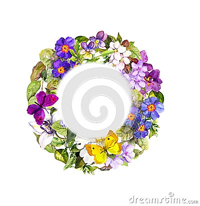 Floral wreath - summer flowers, wild herb, spring butterflies. Watercolor Stock Photo