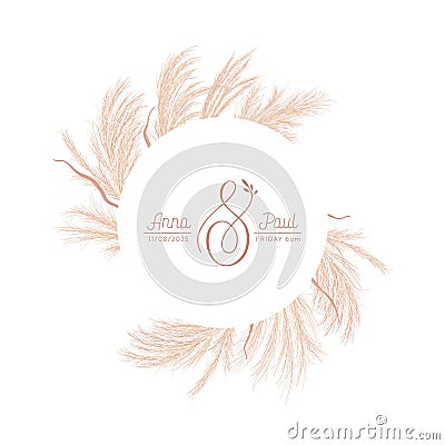 Floral wreath with watercolor dry pampas grass, golden autumn plant border. summer boho botanical banner Vector Illustration