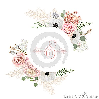 Floral wreath with watercolor dry pastel flowers, pampas grass. Vector summer vintage anemone, rose flower banner Vector Illustration