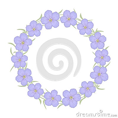 Floral round frame from purple flax flowers Vector Illustration