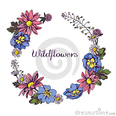 Floral Wreath of Wildflowers Hand drawn vector illustation Vector Illustration