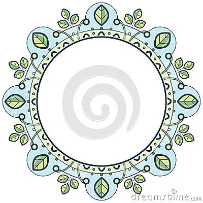 Floral wreath in zentangle style. Circle frame made of geometric elements and leaves. Vector Illustration