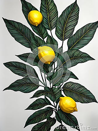 floral lemons leaves papercut duotone color palette. Stock Photo