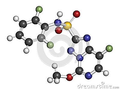 Florasulam herbicide molecule. 3D rendering. Atoms are represented as spheres with conventional color coding: hydrogen white,. Stock Photo