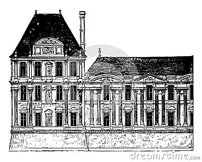 Flore Pavilion and part of the Gallery of the Louvre vintage engraving Vector Illustration