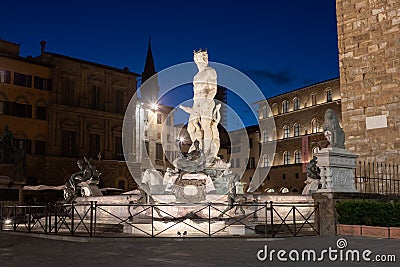 Florence architecture illuminated by night, Piazza della Signoria - Signoria Square - Italy. Urban scene in exterior - nobody Editorial Stock Photo