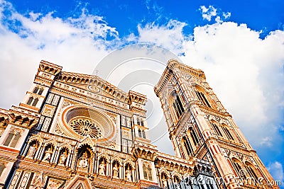 Florence Cathedral with Giotto's Campanile at sunset on Piazza del Duomo in Florence, Italy Stock Photo