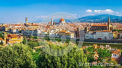 Florence cityscape. Beautiful view on Firenze, Italy. Amazing view from Michelangelo park square on Florence Palazzo Vecchio and Editorial Stock Photo