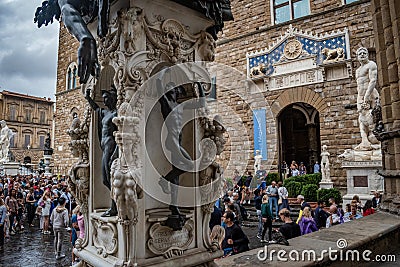 Florence ITALY - August 5, 2023 - Pedestal detail of the sculpture of Perseus with the head of Medusa Editorial Stock Photo