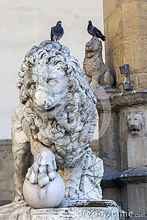 Florence lion statue made by Vacca 1598, at the Loggia dei Lanzi in Florence, Italy Stock Photo