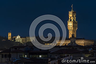 Florence night view on illuminated palazzo vecchio Stock Photo