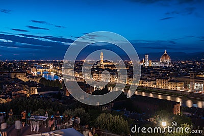 Florence panoramic view from above during blue hour with historical buildings Duomo churches and Ponte Vecchio Editorial Stock Photo