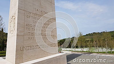 Dedication in the Memorial obelisk to American soldiers who died during World War II in the Florence American Cemetery and Memoria Editorial Stock Photo
