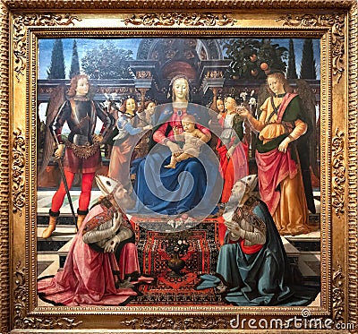Madonna and child with the archangels Michael and Raphael painting in the Uffizi gallery in Editorial Stock Photo