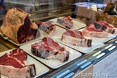 Florentine steak or T bone steak in Butchers Shop Editorial Stock Photo