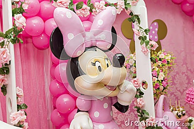 Sweet table decoration in children`s party with Minnie Mouse theme Editorial Stock Photo