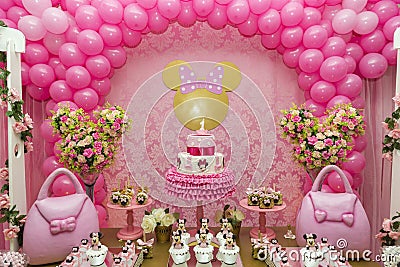 Sweet table decoration in children`s party with Minnie Mouse theme Editorial Stock Photo