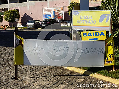 Sign in front of a gasoline station reading We have no fuel` - there`s a fuel crisis in the country due to a truckers` strike Editorial Stock Photo