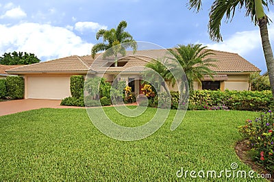 Florida clean ranch style home with roof hole to accomodate palm tree Stock Photo