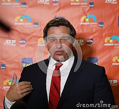 Florida Governor Ron DeSantis visits 2019 Miami Open at the Hard Rock Stadium in Miami Gardens, Florida Editorial Stock Photo