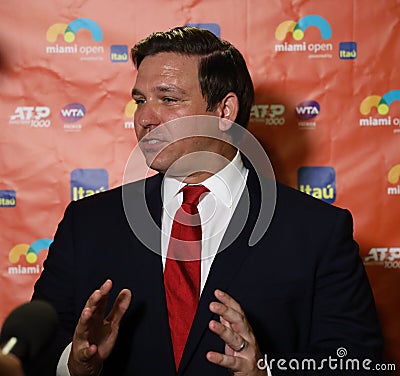 Florida Governor Ron DeSantis visits 2019 Miami Open at the Hard Rock Stadium in Miami Gardens, Florida Editorial Stock Photo