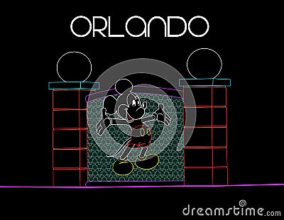 Florida, Orlando; August 9, 2018 Mickey Mouse on neon colorful background. Vacations Card Vector Illustration