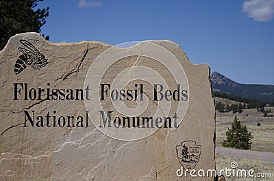 Florissant Fossil Beds National Park Monument Sign to entrance Editorial Stock Photo