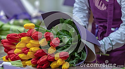 The florist collects a bouquet of tulips Stock Photo
