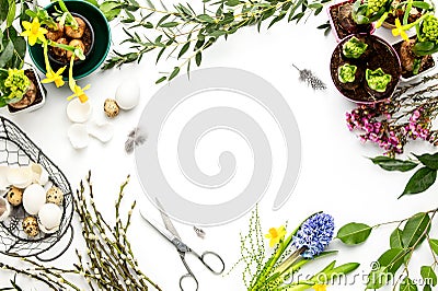 Florist or decorator table surface overhead view, Easter decoration concept with copy space Stock Photo