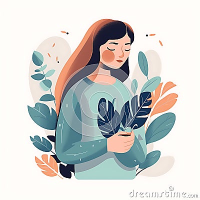 florist, Icon Illustration of Woman Embracing Flowers in Flat Cartoon Style with brunette Long Hair Stock Photo