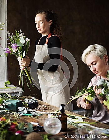 Florist Making Fresh Flowers Bouquet Arrangement Stock Photo