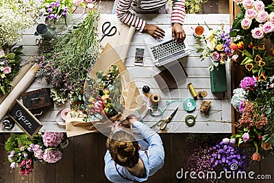 Florist Making Fresh Flowers Bouquet Arrangement Stock Photo