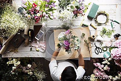 Florist Making Fresh Flowers Bouquet Arrangement Stock Photo