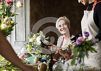 Florist Making Fresh Flowers Bouquet Arrangement Stock Photo