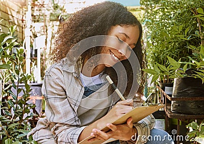 Florist, plants and happy woman, clipboard and checklist for quality control, inventory management or eco friendly Stock Photo