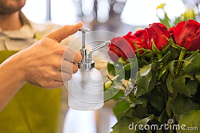 Florist or seller moistening roses at flower shop Stock Photo