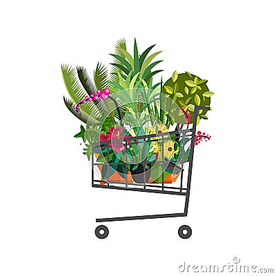 Florist shop.Shopping cart with plants.Flower store flat design. Vector Illustration