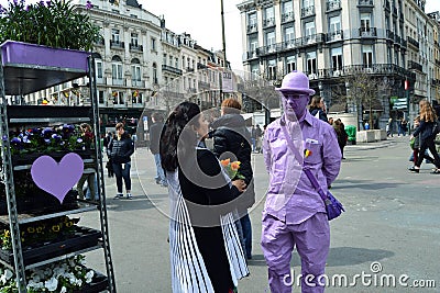 Ultra violet florist at Place de la Bourse in Brussels Editorial Stock Photo