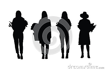 Florist women with anonymous faces. Female florist with flower vase on hand silhouette bundle. Girl gardener silhouette collection Vector Illustration